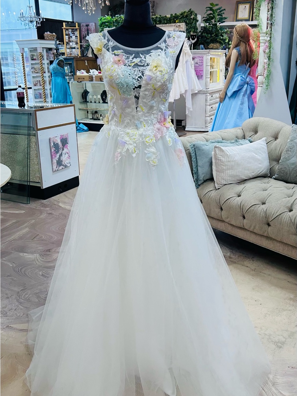 Ethereal White Tulle Prom Dress with Pastel Floral Appliqués